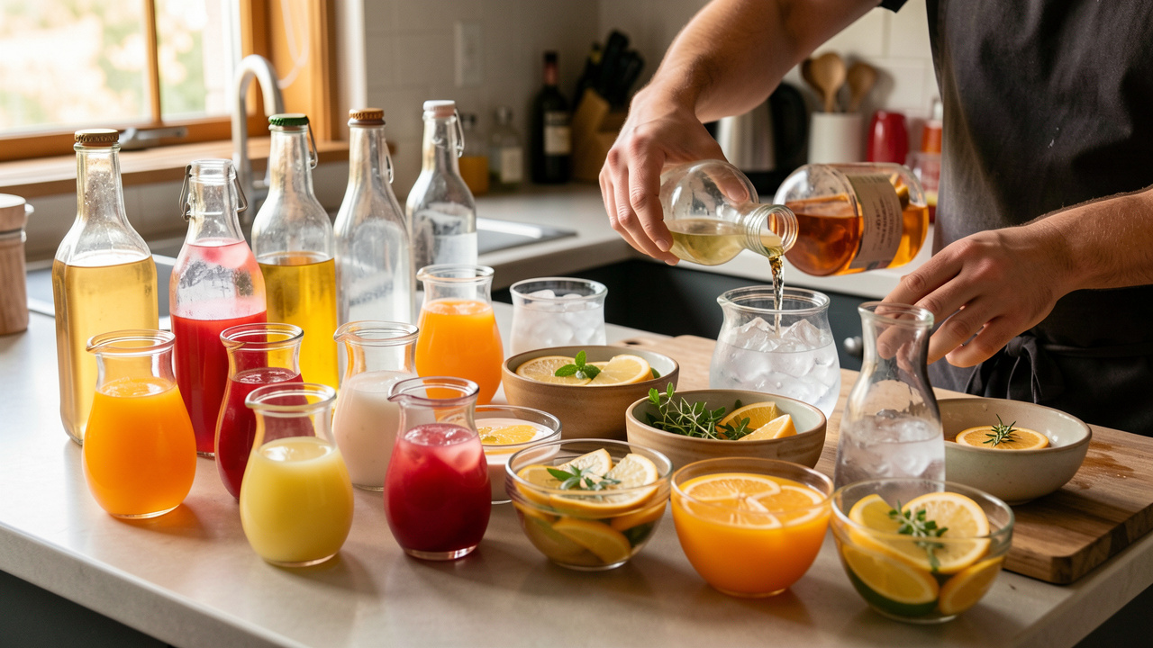 Une table de buffet avec plusieurs cocktails sans alcool d’apéritif préparés à l’avance, des verres remplis de boissons, des carafes, de la glace, et des garnitures d’agrumes et d’herbes.