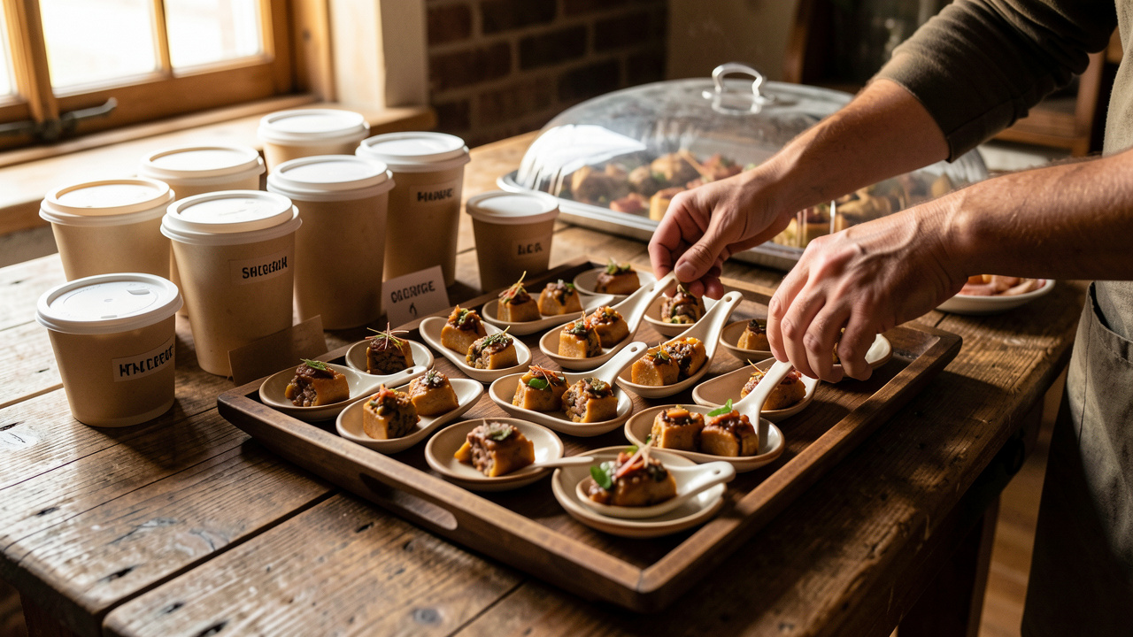 Bouchées salées prêtes à l’avance sur une table rustique, disposées harmonieusement dans de petites assiettes et cuillères, avec une ambiance chaleureuse pour un apéritif sans stress.