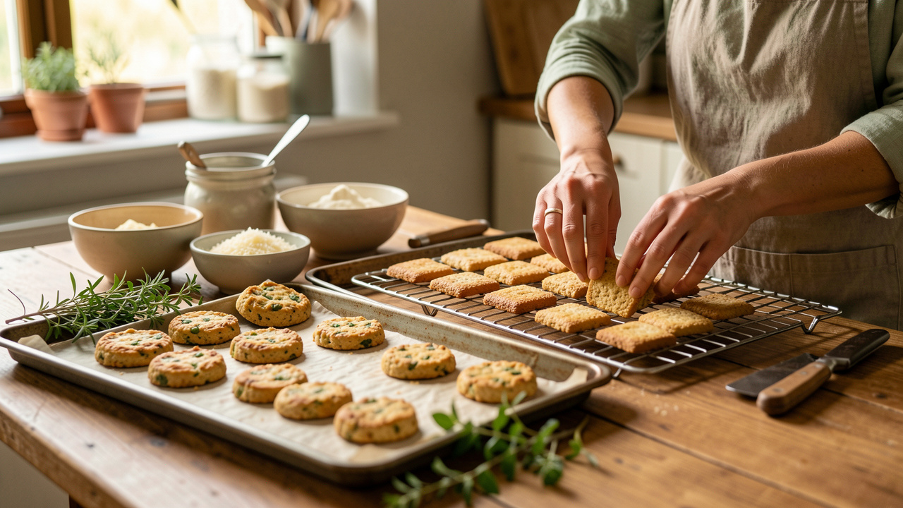Sur une table de cuisine en bois, une femme dispose des biscuits apéritifs salés faits maison sur une grille de refroidissement, avec des herbes et des ingrédients à côté, lumière naturelle chaleureuse.