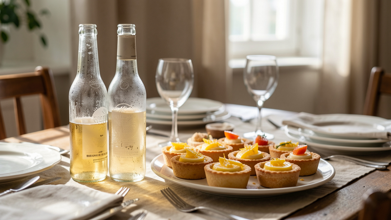 Table de apéritif dinatoire française avec une bière blanche bien fraîche et un plateau de bouchées citronnées, tartelettes et canapés, éclairage naturel doux.