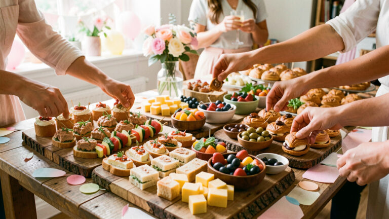 Buffet d’apéritif d’anniversaire composé de bouchées salées, mini-sandwichs, brochettes de légumes, fromages, olives, fruits et pâtisseries dans une ambiance festive et conviviale.