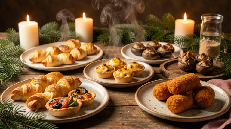 Assortiment de bouchées chaudes et réconfortantes disposées sur une table rustique dans une ambiance hivernale chaleureuse.