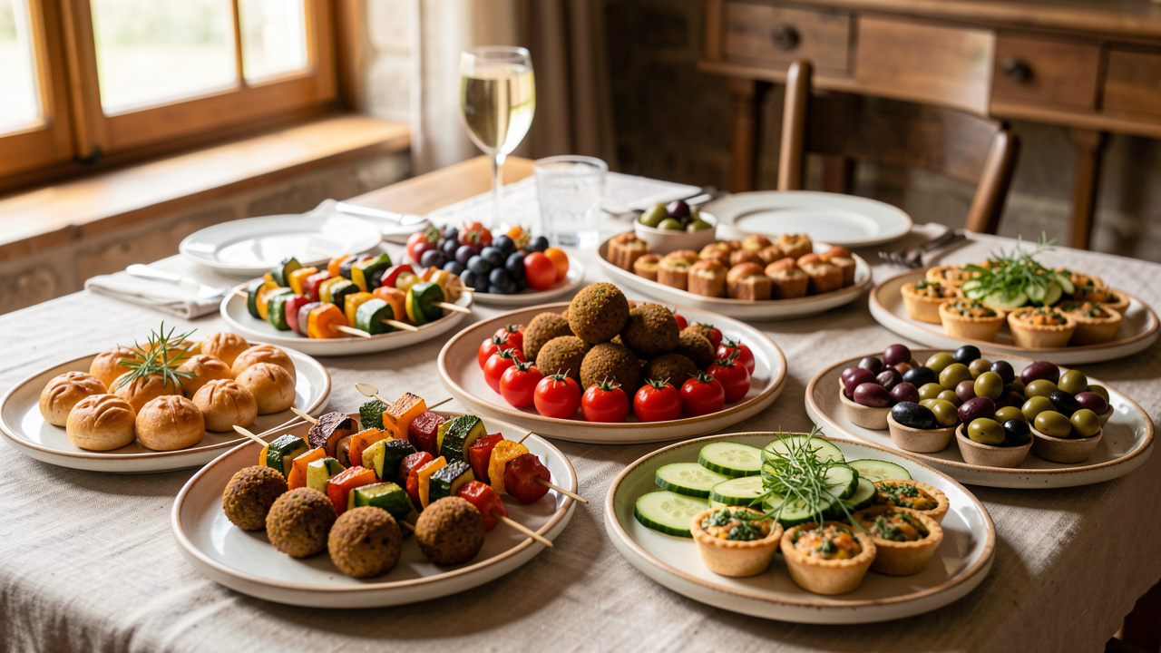 Buffet coloré d'apéritif dînatoire végétarien composé de nombreuses bouchées savoureuses, de légumes rôtis, de tartes salées, de falafels et d'herbes fraîches.