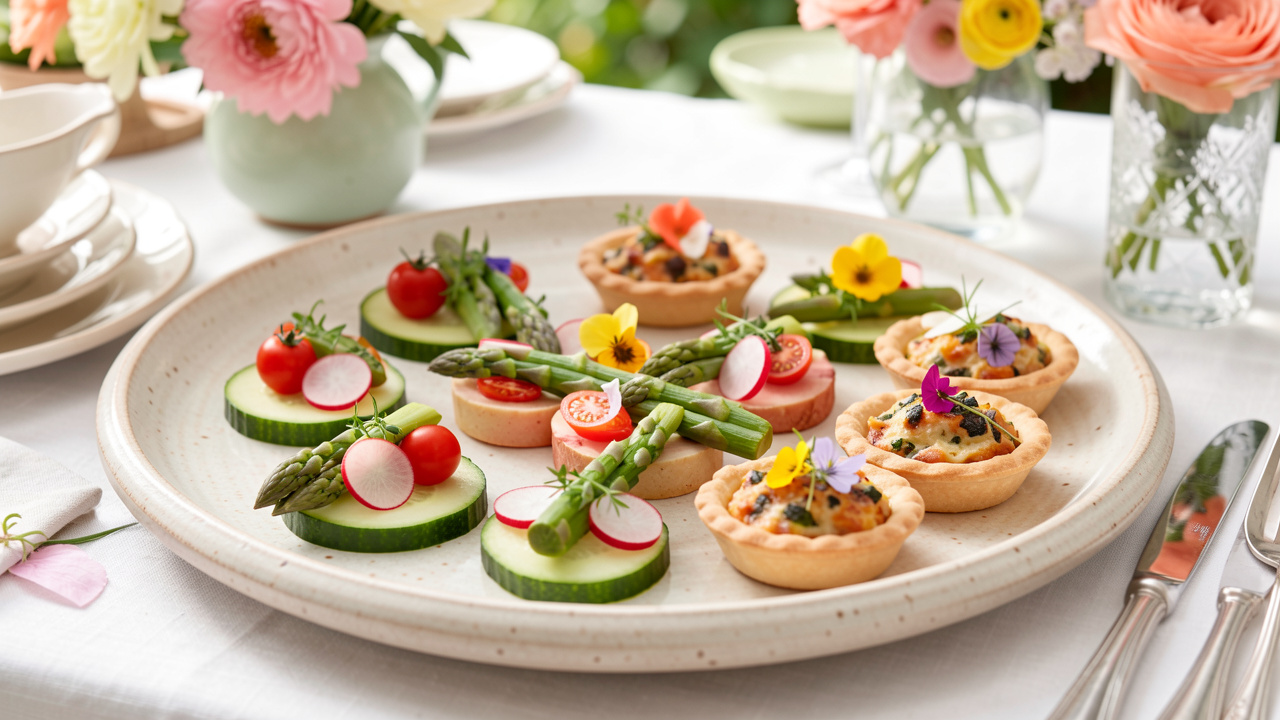 Douze bouchées apéritives fraîches et colorées, composées de légumes printaniers, d’herbes fraîches et de fleurs comestibles, présentées sur un grand plat.