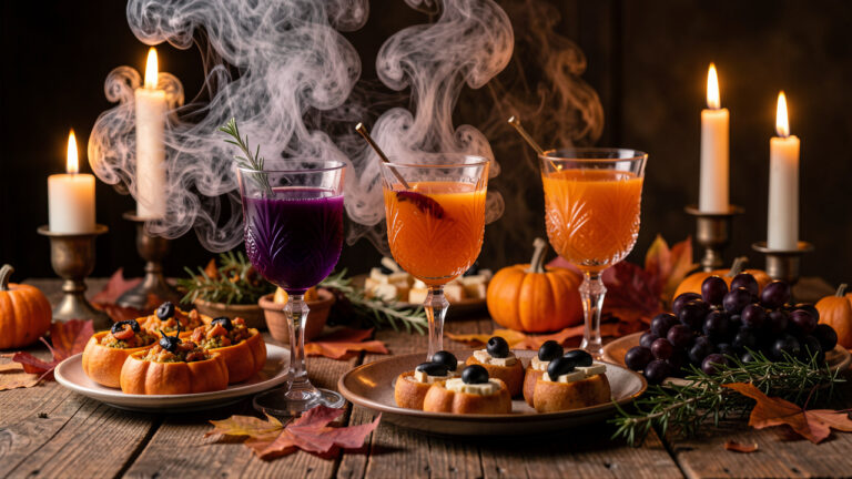 Table d apéritif sur le thème d Halloween avec boissons violettes et orange, bouchées salées en forme de citrouille, raisins et décoration automnale dans une ambiance chaleureuse et mystérieuse.