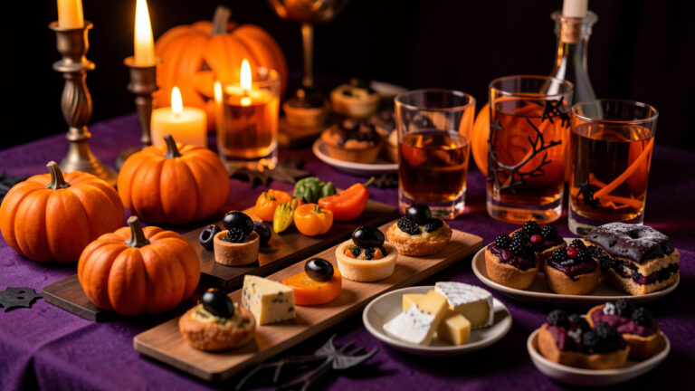 Table gourmande d’apéritif d’Halloween avec bouchées salées, fromages, légumes rôtis, pâtisseries aux fruits rouges et boissons ambrées dans une ambiance chaleureuse aux tons orange et violet.