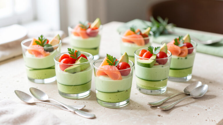 Assortiment de verrines apéritives colorées et élégantes garnies de légumes frais, de saumon fumé, d’avocat et d’herbes aromatiques.