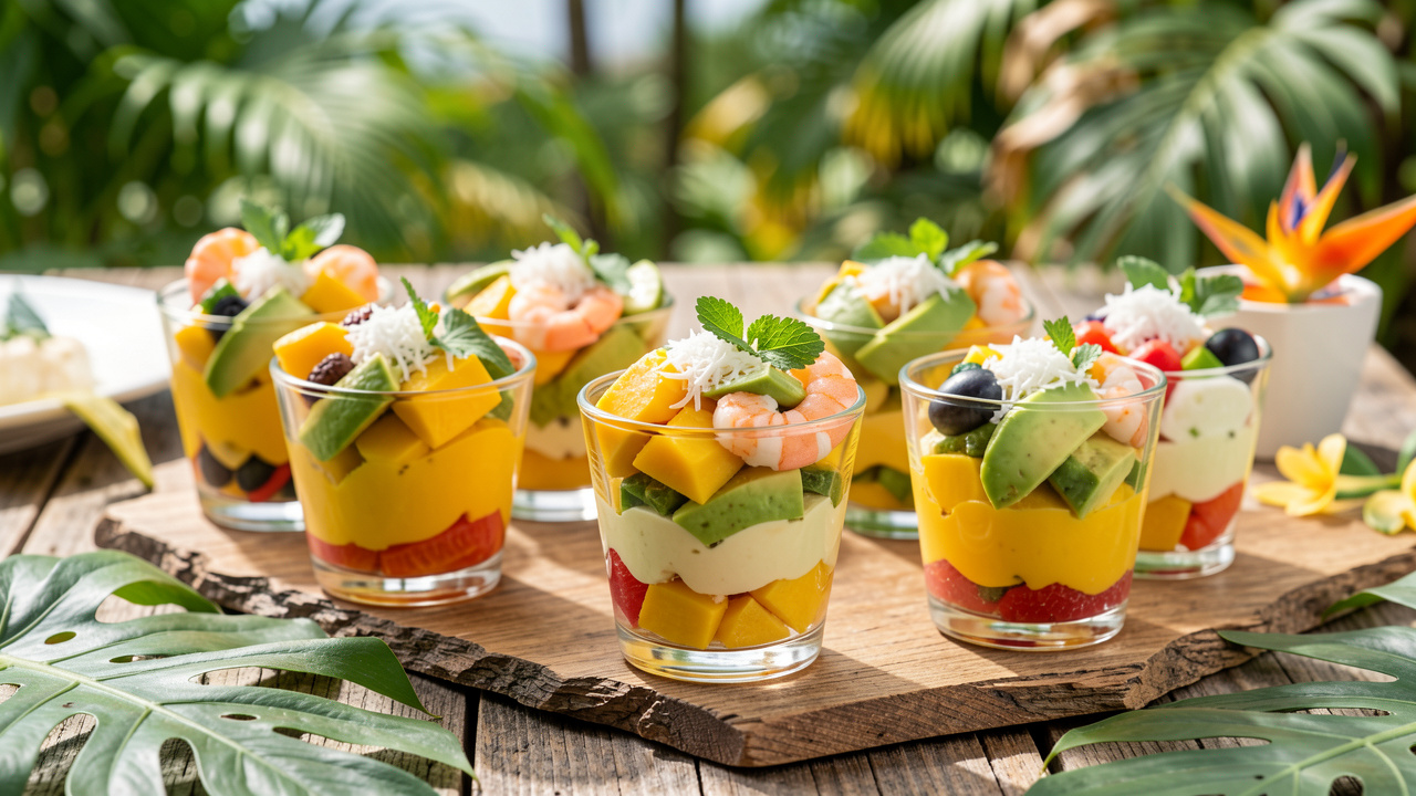 Assortiment de verrines apéritives colorées aux saveurs antillaises et internationales, garnies de fruits, légumes, crevettes, noix de coco et herbes fraîches.
