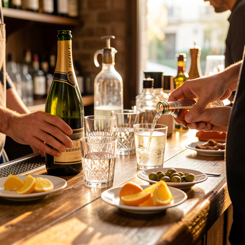 Mains déposant des verres de vin pétillant, avec des tranches d’agrumes et des olives sur un comptoir en bois, ambiance apéritif chaleureuse.