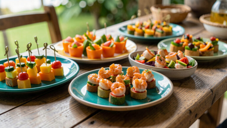 Table d’apéritif antillais colorée avec de petites bouchées fraîches en bouchées individuelles, fruits tropicaux, brochettes et verrines, lumière naturelle et couleurs vives.