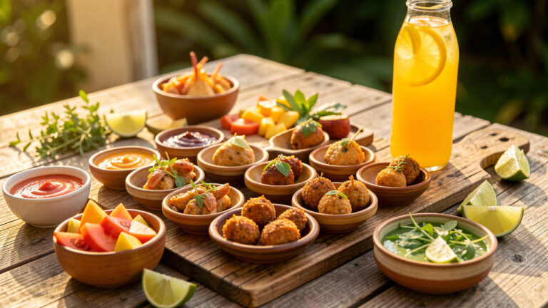 Table en bois avec un apéro antillais coloré : bouchées disposées sur un plateau, petites coupelles de sauces, fruits tropicaux, herbes fraîches et quartiers de citron vert, lumière dorée naturelle, profondeur de champ faible.