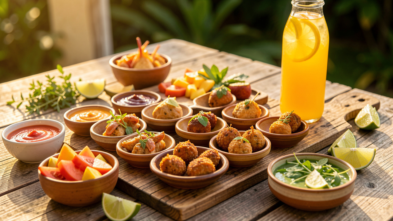 Table en bois avec un apéro antillais coloré : bouchées disposées sur un plateau, petites coupelles de sauces, fruits tropicaux, herbes fraîches et quartiers de citron vert, lumière dorée naturelle, profondeur de champ faible.
