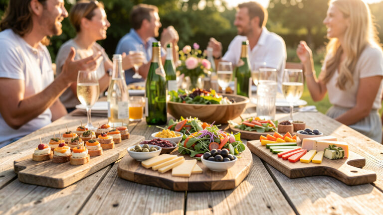 Table d’été en plein air préparée pour un apéritif dinatoire, avec de petites assiettes de bouchées fraîches, légumes, fromages, olives et verres de boisson pétillante, lumière dorée et ambiance conviviale.