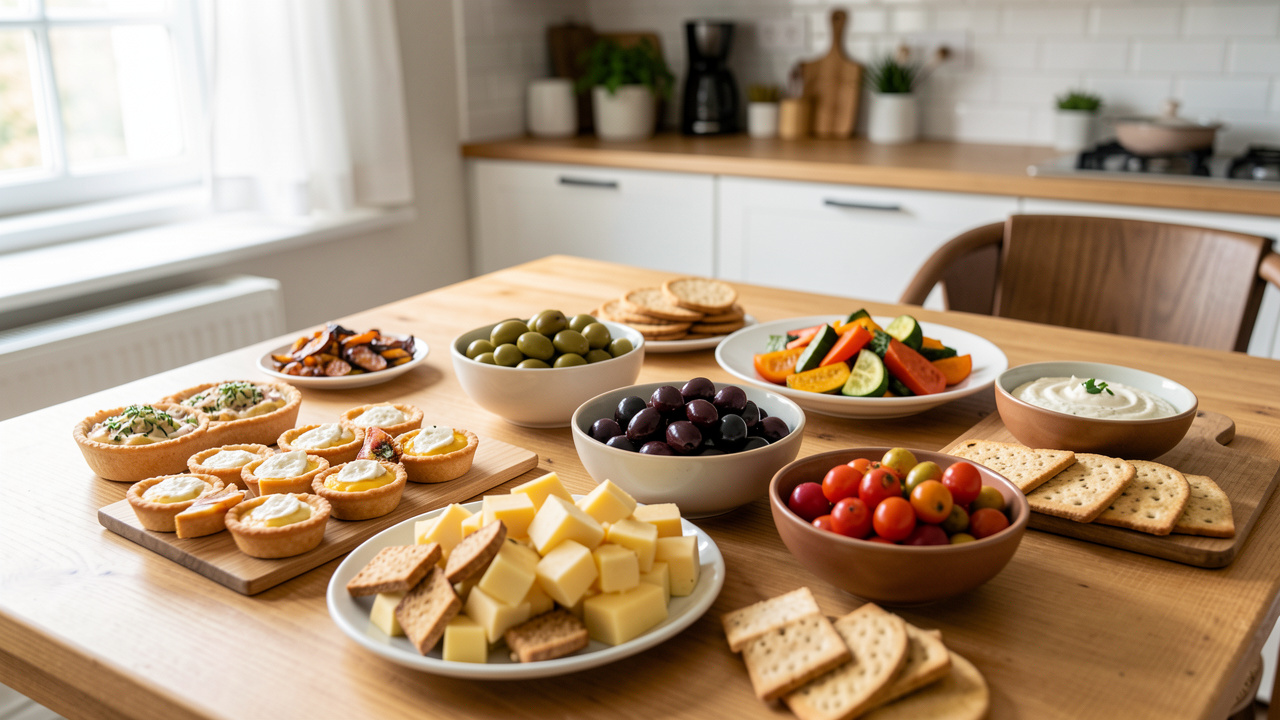 Plateau de dégustation apéro dinatoire avec de petites bouchées prêtes à l’avance, tartes, fromages, olives, légumes rôtis, crackers et dips, sur une table en bois sous une lumière naturelle.