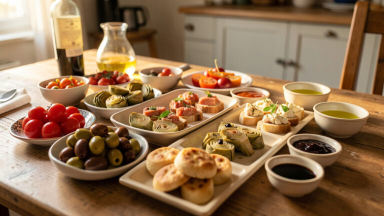 Table en bois chaleureuse avec un apéro dinatoire italien composé de bouchées d’antipasti variées, comme des tomates cerises, des olives, des artichauts et des bruscetta, éclairage doré et ambiance conviviale.