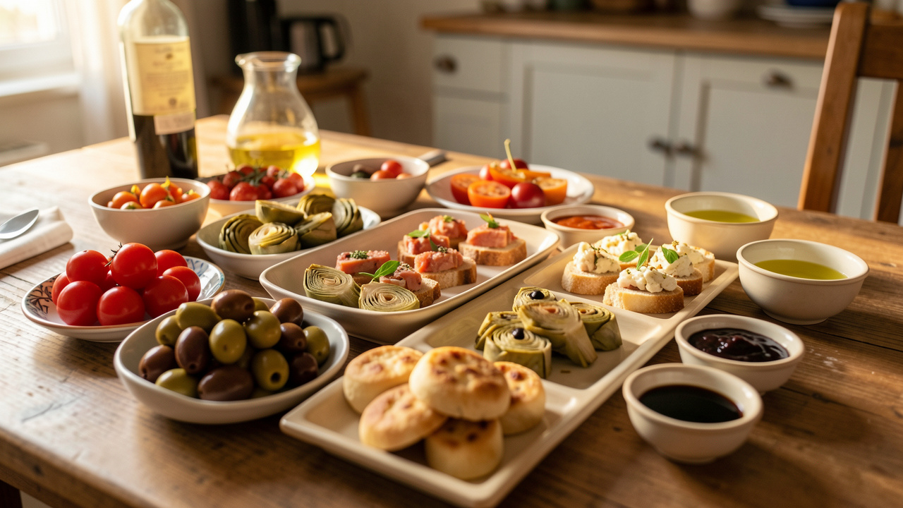 Table en bois chaleureuse avec un apéro dinatoire italien composé de bouchées d’antipasti variées, comme des tomates cerises, des olives, des artichauts et des bruscetta, éclairage doré et ambiance conviviale.