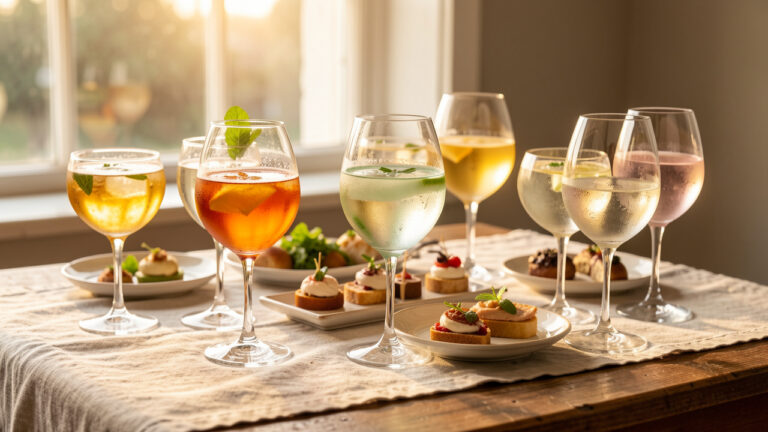 Table d’apéro dînatoire sans alcool avec plusieurs boissons fraîches servies en verres élégants et un assortiment de bouchées gourmandes sur une table en bois.