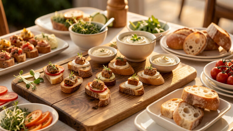 Table d’apéro festive avec des bouchées variées disposées sur des plats et un plateau en bois, accompagnées de dips, herbes fraîches et pain, ambiance conviviale et éclairage chaud.