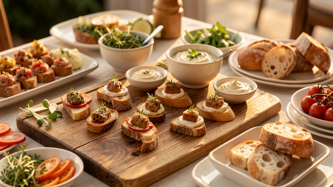 Table d’apéro festive avec des bouchées variées disposées sur des plats et un plateau en bois, accompagnées de dips, herbes fraîches et pain, ambiance conviviale et éclairage chaud.