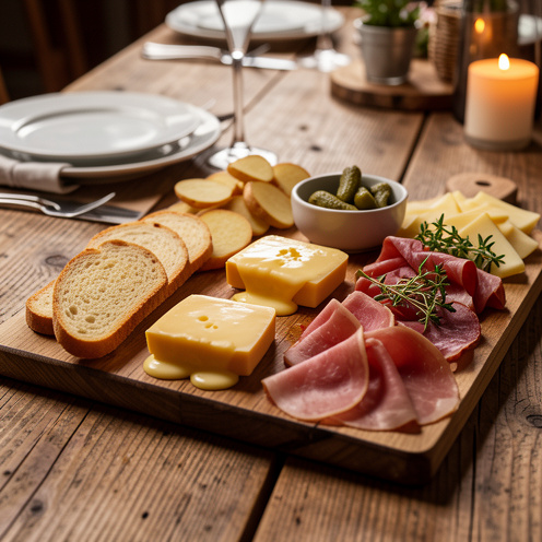 Planche conviviale d’apéro raclette avec fromages fondants, pain doré, pommes de terre, charcuterie et herbes fraîches sur une table en bois rustique, éclairage chaleureux.