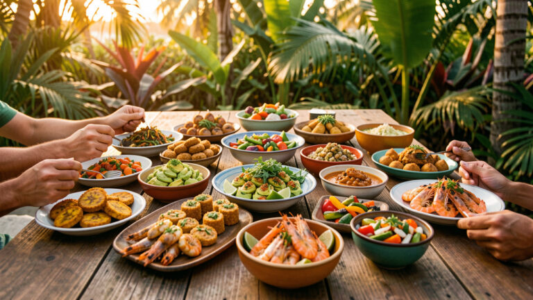 Table généreuse garnie de bouchées apéritives antillaises colorées, de beignets de banane plantain, d'accras, de crevettes, de légumes marinés, de sauces et de quartiers de citron vert.