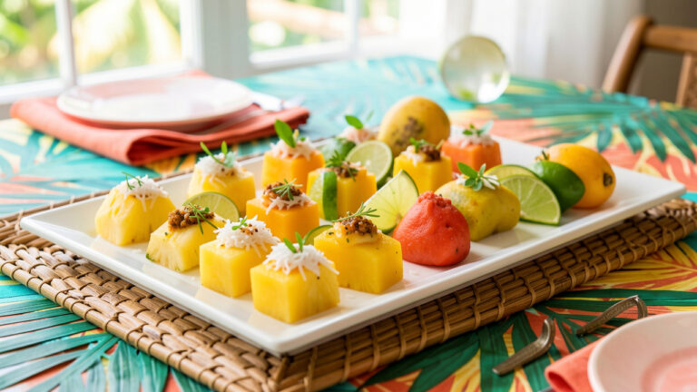 Plateau de douze bouchées antillaises sucrées-salées aux fruits tropicaux, joliment disposées dans une ambiance festive et colorée.