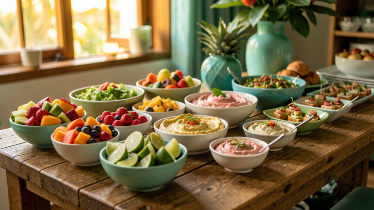 Table d’apéro antillais prête pour le buffet, avec des bols de dips tropicaux, des fruits frais et des canapés sur un plateau en bois, sous une lumière chaude et naturelle.