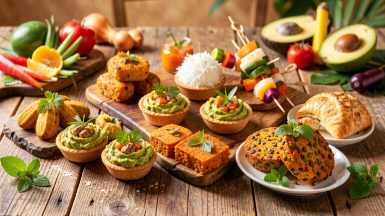 Assortiment coloré de douze bouchées apéritives antillaises végétariennes, avec banane plantain, manioc, avocat, noix de coco, patate douce et haricots, présenté sur une table en bois.