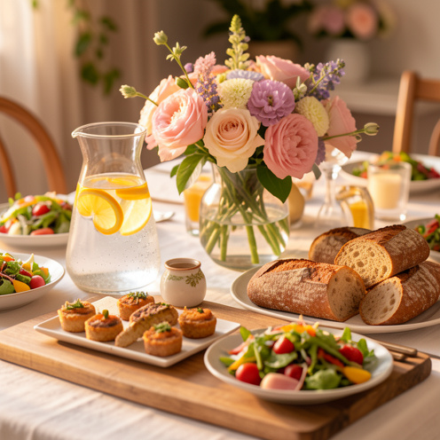 Table de apéro de Pâques décorée avec des amuse-bouches salés, des salades de printemps, des tranches d’agrumes dans une carafe d’eau pétillante et des fleurs pastel, dans une ambiance chaleureuse.