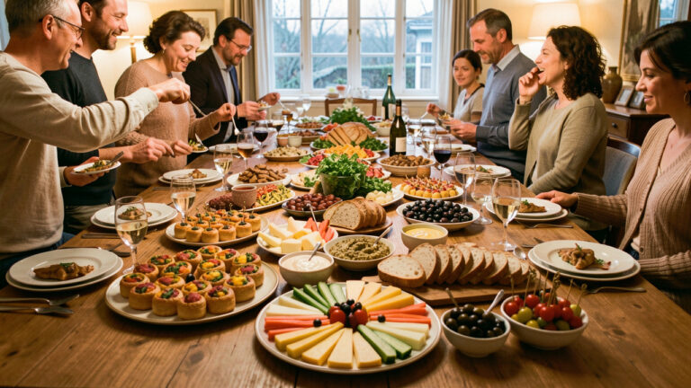 Buffet convivial d’apéro dînatoire pour dix personnes avec bouchées salées, crudités, fromages, olives, pain, tartinades et brochettes disposés sur une grande table en bois.