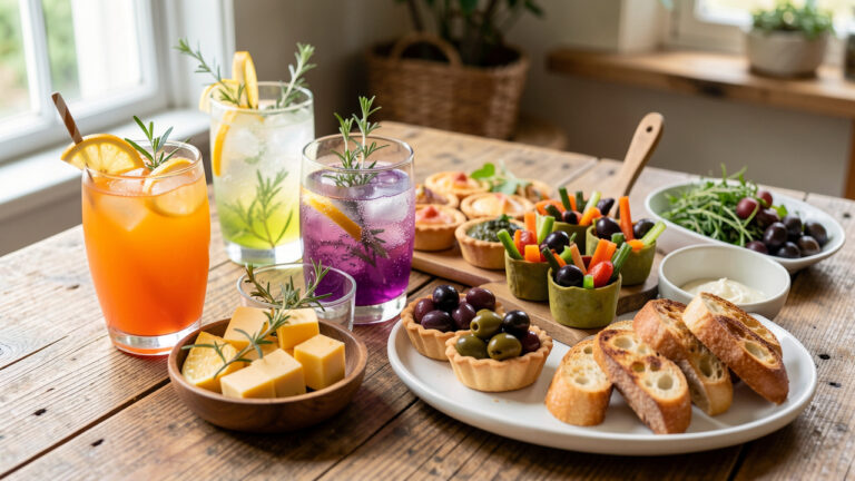 Table conviviale garnie de boissons fraîches colorées et de bouchées variées pour un apéritif dînatoire estival.