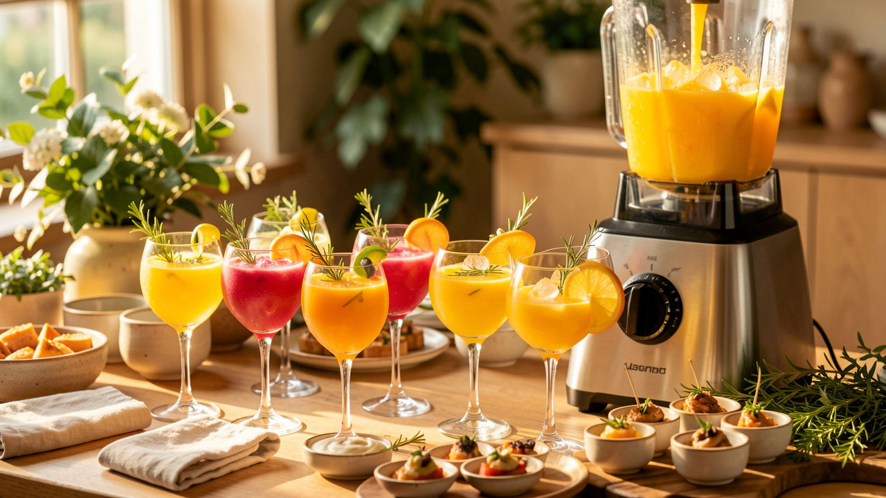 Assortiment coloré de boissons mixées servies dans de beaux verres sur un buffet convivial, entourées de fruits, d’herbes fraîches, de glaçons et de bouchées salées.