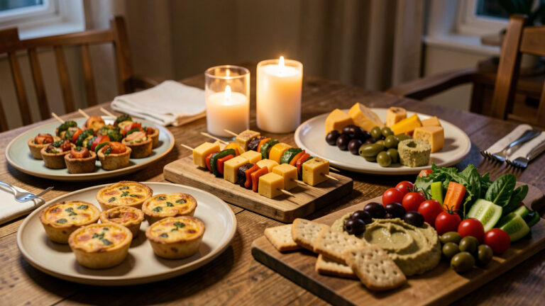 Table conviviale garnie de bouchées salées variées pour un apéro dînatoire du soir.
