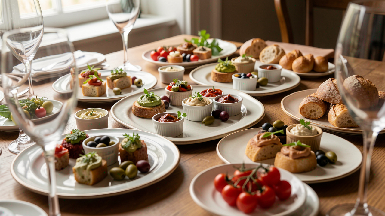Table d’apéritif dinatoire froid dressée avec de petites bouchées gourmandes prêtes à servir, assiettes élégantes, dips, herbes fraîches et ingrédients frais.