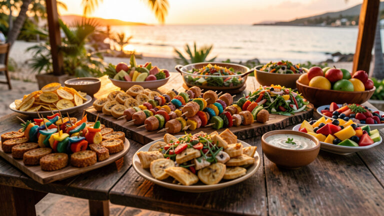 Buffet convivial composé de bouchées antillaises et internationales, avec accras, brochettes tropicales, pâtisseries salées, chips de banane plantain, salades colorées, fruits frais et sauces à partager.