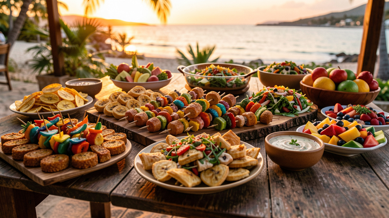 Buffet convivial composé de bouchées antillaises et internationales, avec accras, brochettes tropicales, pâtisseries salées, chips de banane plantain, salades colorées, fruits frais et sauces à partager.