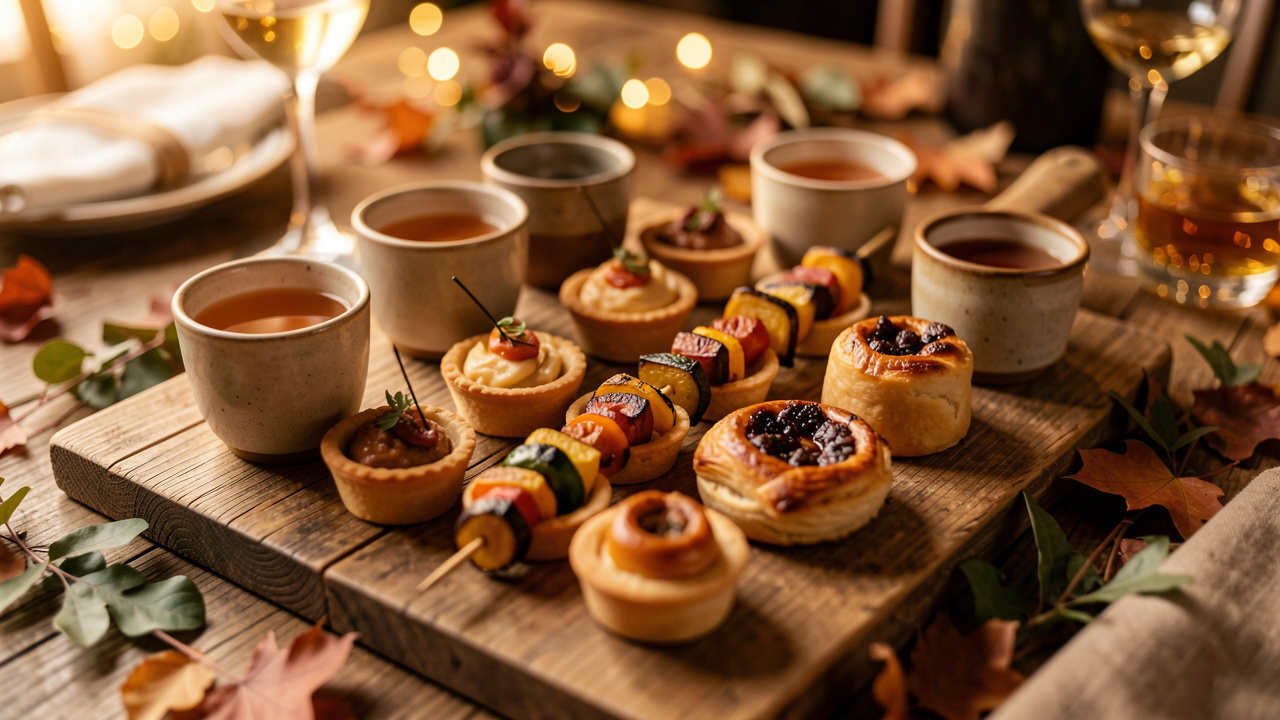 Table d’apéritif d’automne avec plusieurs petites bouchées gourmandes et des boissons chaudes servies dans des tasses en céramique, ambiance chaleureuse à la lumière dorée.