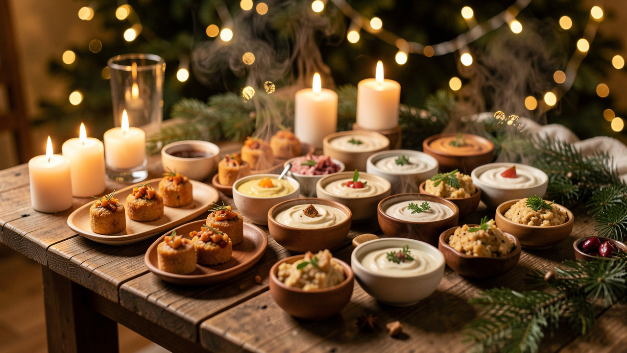 Table de buffet d’hiver chaleureuse avec bouchées chaudes en petite taille, bols de dips gourmands et ambiance lumineuse aux chandelles.