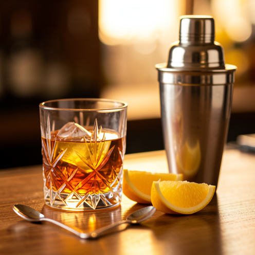 Une bouteille et un verre de rhum ambré, accompagnés de citrons et d’ustensiles de bar sur un comptoir en bois, ambiance chaleureuse d’apéritif.