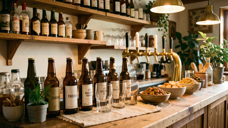Bar à bières maison chaleureux, avec verres, bouteilles sans étiquette, tireuses, étagères en bois et assortiments salés pour un apéritif convivial.