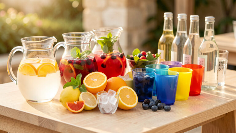 Bar à boissons fraîches composé de carafes, de fruits, de menthe, de glaçons et de verres colorés pour un apéritif dînatoire.