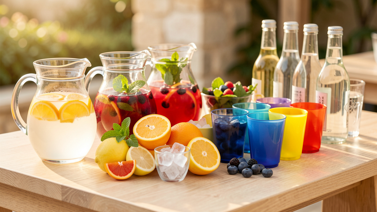 Bar à boissons fraîches composé de carafes, de fruits, de menthe, de glaçons et de verres colorés pour un apéritif dînatoire.