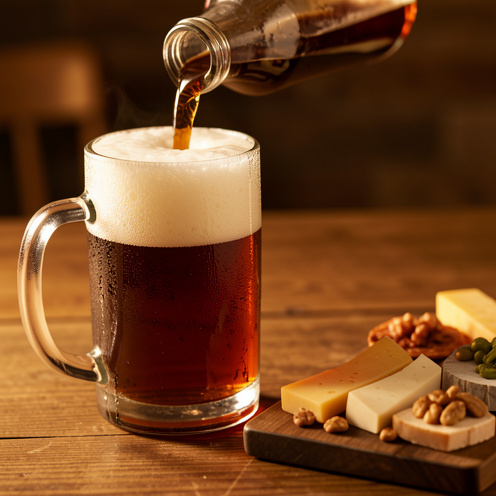 Verre de bière forte ambrée à la mousse épaisse, posé sur une table en bois, avec une planche d’apéritif et un éclairage chaud du soir.