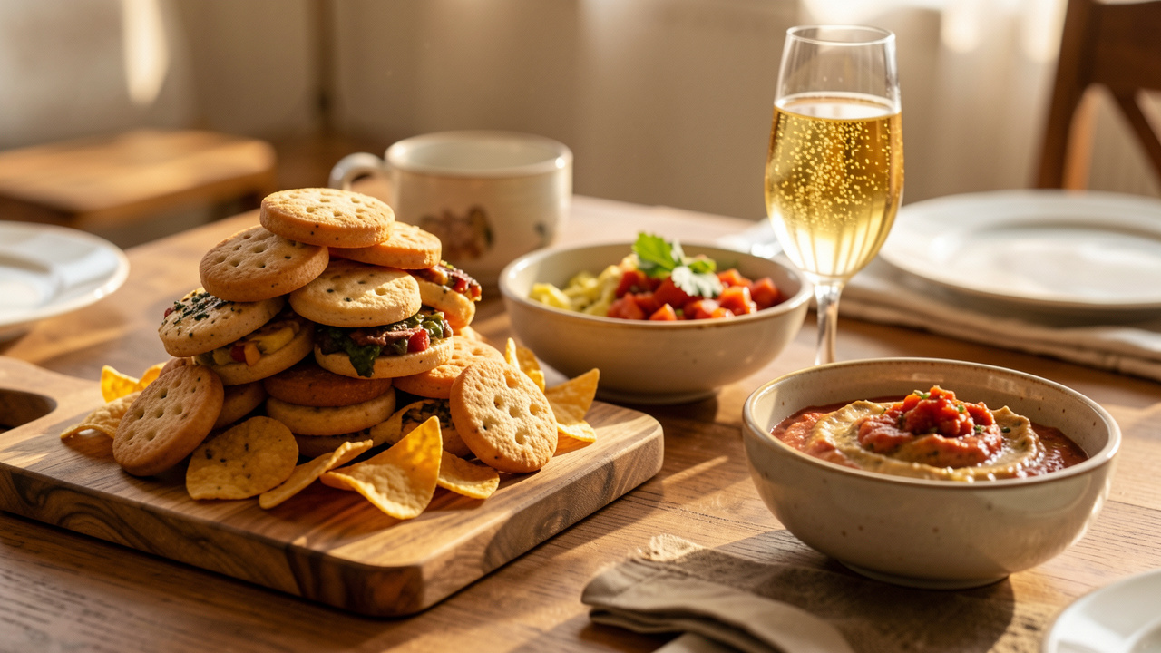 Plan rapproché d’une table apéritive avec des biscuits salés servis sur un plateau en bois, des bols de tartinades colorées et des verres de boisson pétillante, lumière chaleureuse et ambiance conviviale.