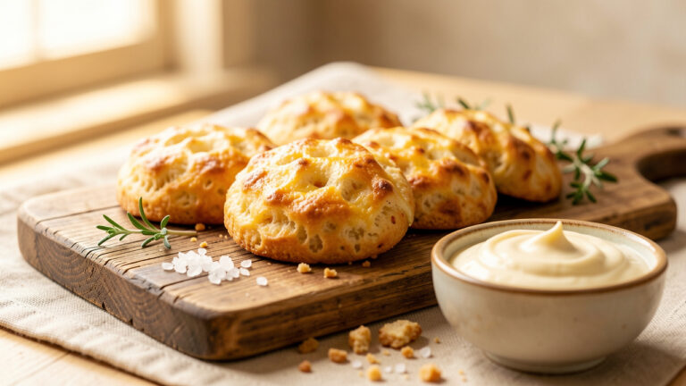 Biscuits apéritifs au fromage dorés, disposés sur un plateau en bois rustique, avec herbes fraîches, sel marin en flocons et un petit bol de dip crémeux.