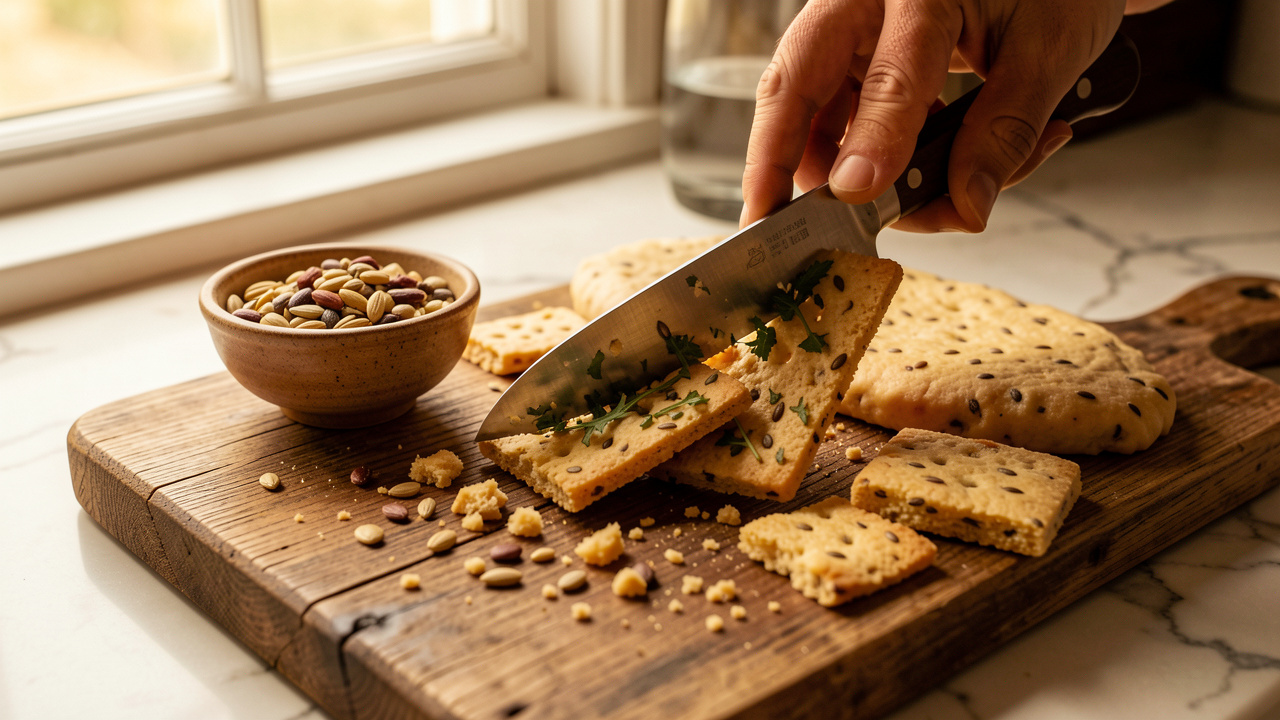 Plateau en bois avec des graines variées, des biscuits apéritifs croustillants aux graines en préparation et des miettes sur un plan de travail en marbre, lumière naturelle chaude et textures détaillées.