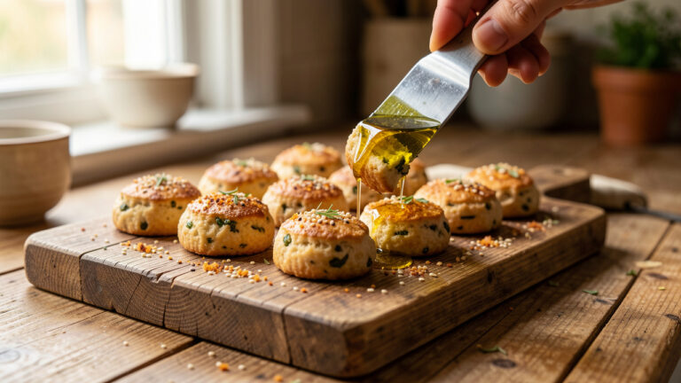 Biscuits apéritifs croustillants sans cuisson, disposés sur une planche en bois, décorés d’herbes et de graines, avec une lumière naturelle de cuisine.