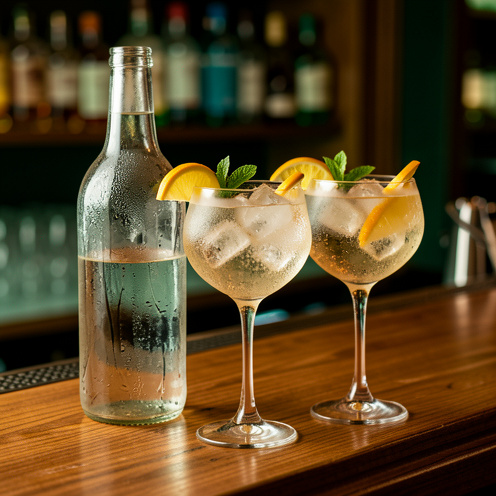 Une bouteille de boisson translucide et deux verres de cocktail remplis de glace, avec des tranches d’agrumes et des feuilles de menthe posées sur un bar en bois, lumière chaude et gouttelettes sur le verre.