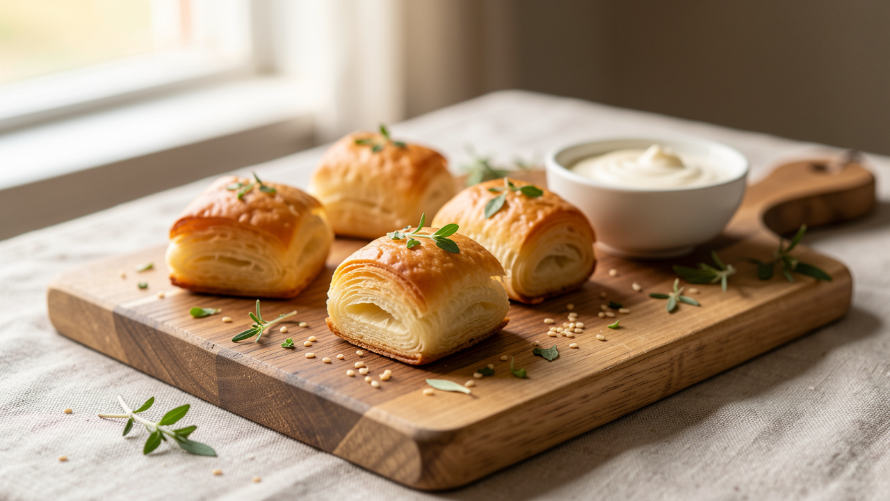 Bouchées salées feuilletées dorées à l’apéritif, disposées sur une planche en bois avec herbes fraîches, graines et un petit bol de dip crémeux.