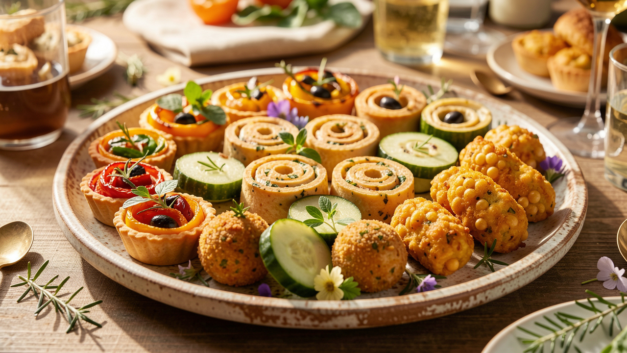 Assortiment coloré de bouchées salées végétariennes disposées sur un plat en céramique, avec tartelettes, roulés aux poivrons, croquettes, rondelles de concombre et beignets de pois chiches.